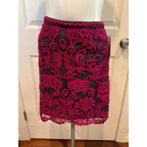 Baraschi Gray & Dark Pink Floral Embroidered Pattern Pencil Skirt, Size 4